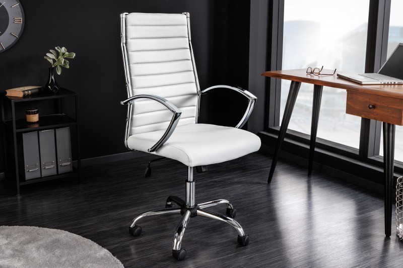 Levně Estila Moderní bílá kancelářská židle Big Deal z ekokůže s kovovou konstrukcí s nastavitelnou výškou 107-117cm