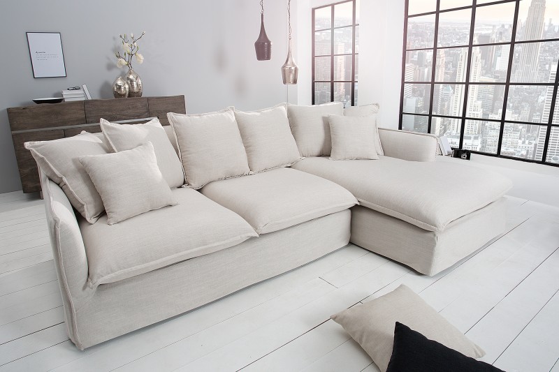 Levně Estila Moderní rohová sedačka Heaven do obývacího pokoje s čalouněním z přírodního lnu bílé barvy 255cm