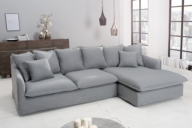 Levně Estila Moderní rohová sedačka Heaven do obývacího pokoje s šedým čalouněním ze lnu 255cm