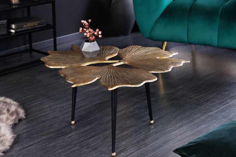 Estila Art-deco kovový konferenční stolek Ginko ve zlaté barvě se třemi černými nožičkami 75cm