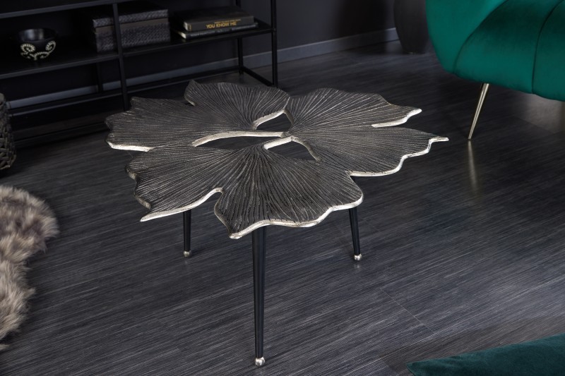 Levně Estila Art-deco stříbrný konferenční stolek Ginko se třemi černými nožičkami 75cm