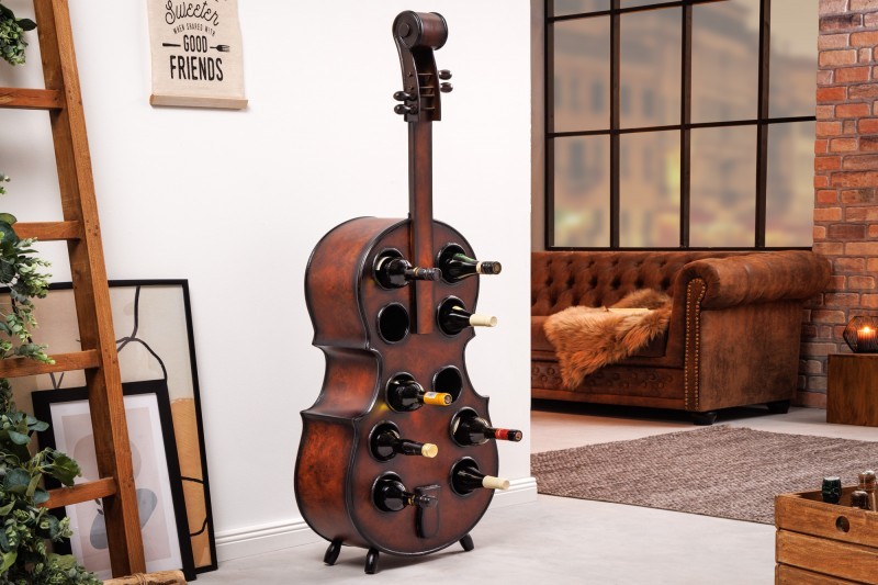 Levně Estila Masivní stylová vinotéka Braley ve tvaru violoncella hnědé barvy s deseti přihrádkami na víno 135cm
