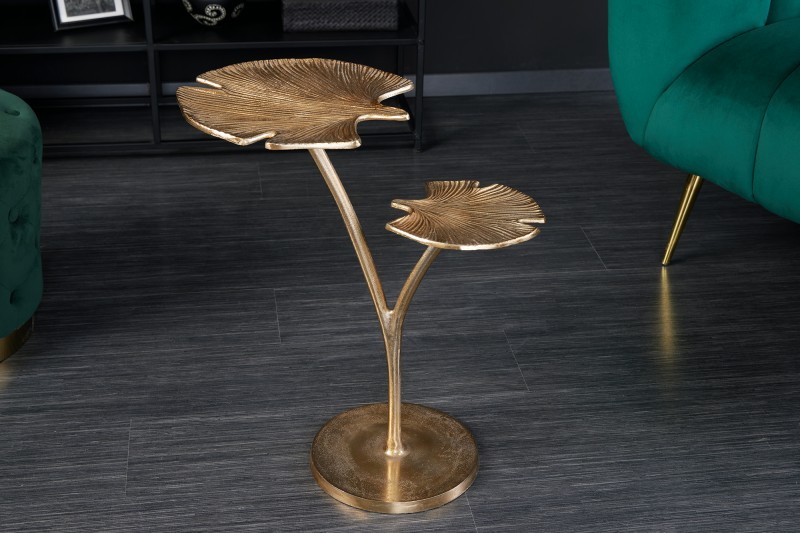 Levně Estila Designový příruční stolek Ginko v art deco stylu se dvěma deskami ve tvaru listu ve zlaté barvě 56cm