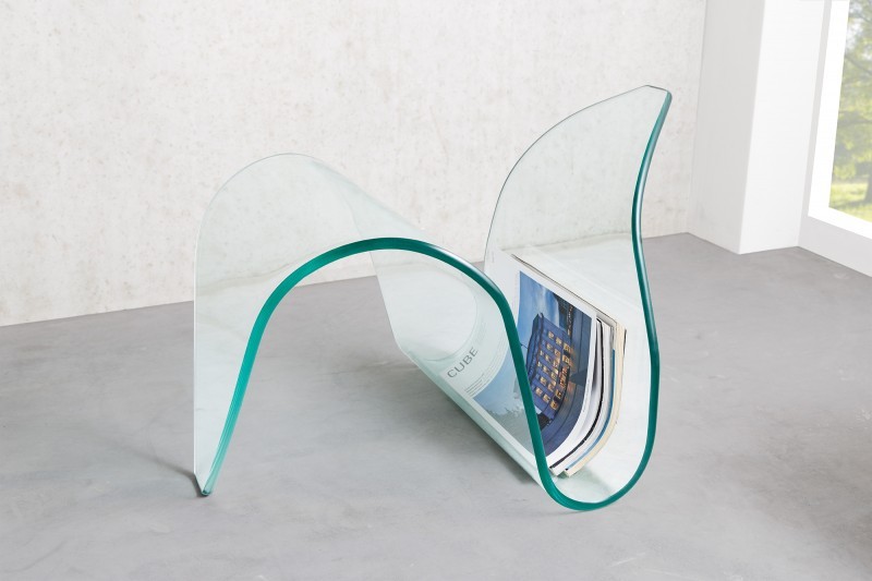 Levně Estila Moderní designový stojan na noviny Caspero z tvrzeného skla zaoblených organických tvarů 62cm