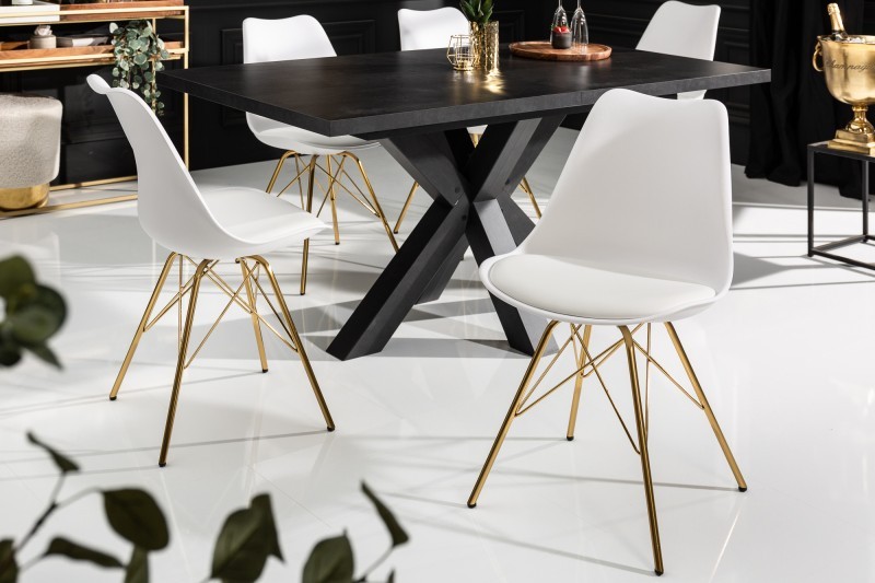 Levně Estila Art-deco bílá jídelní židle Scandinavia z eko kůže s kovovými nožičkami ve zlaté barvě 85cm