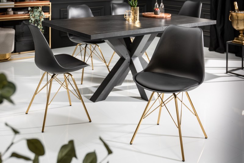 Estila Art-deco černá jídelní židle Scandinavia z eko kůže s kovovými nožičkami ve zlaté barvě 85cm