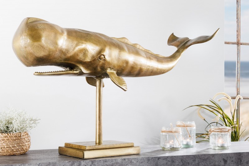 Estila Designová dekorativní soška velryby Moby ve zlaté barvě z kovové slitiny 70cm