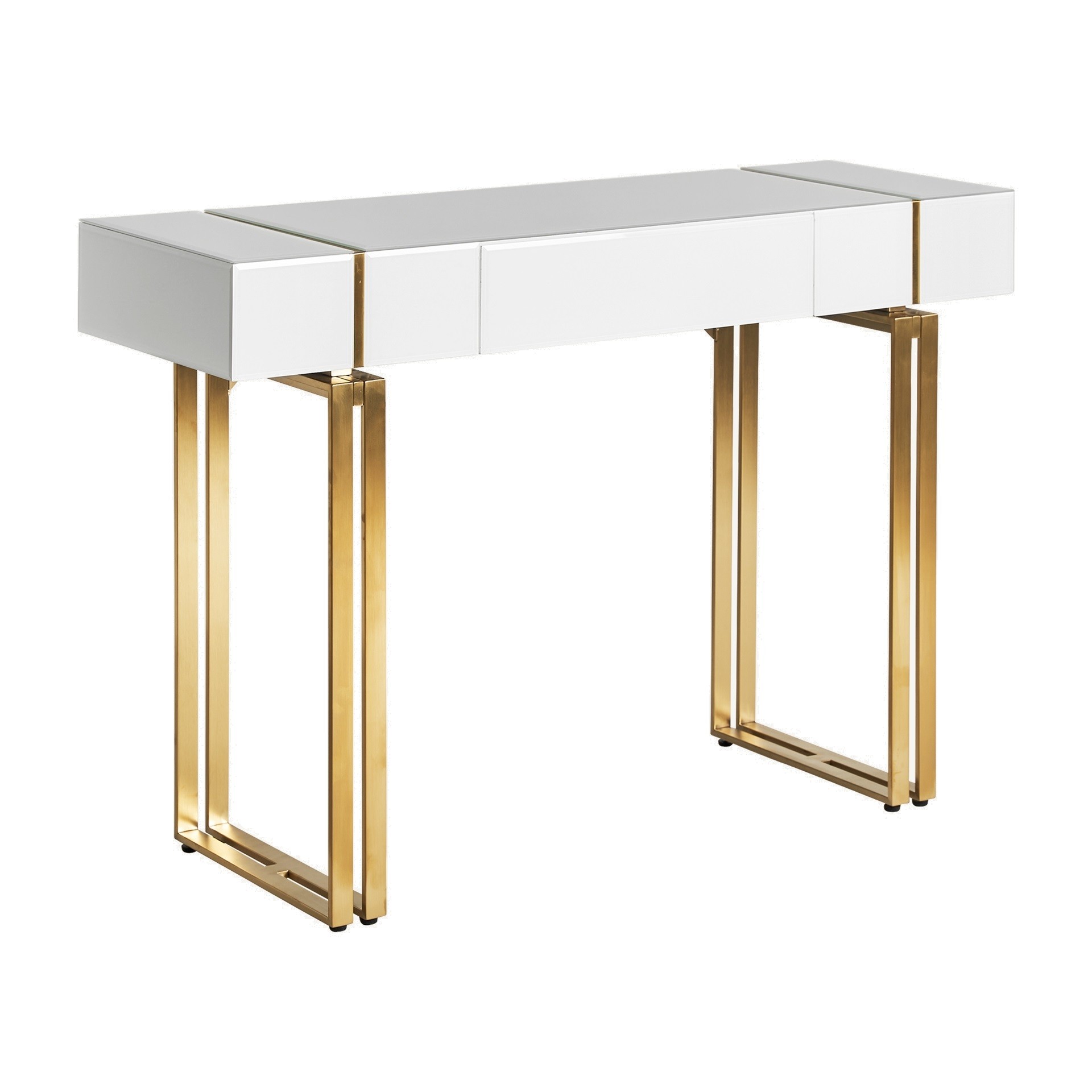 Estila Art deco luxusní konzolový stolek Bynum bílý se skleněnou deskou a kovovými nožičkami ve zlaté barvě 120cm