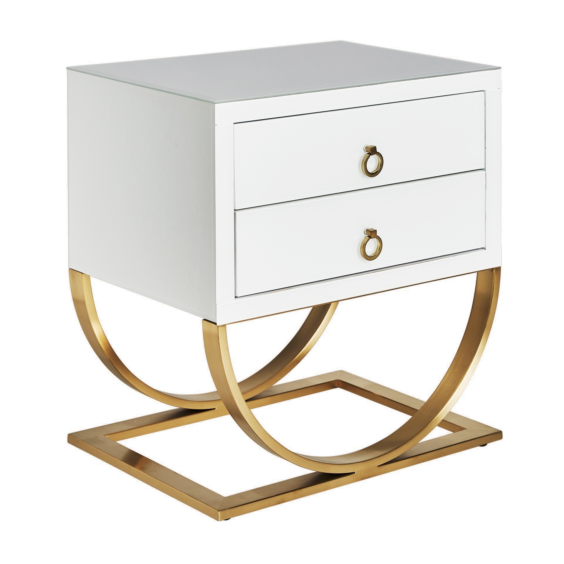 Estila Moderní bílý noční stolek Bynum ve skleněném provedení se dvěma šuplíky a zaoblenou kovovou podstavou ve zlaté barvě 60cm