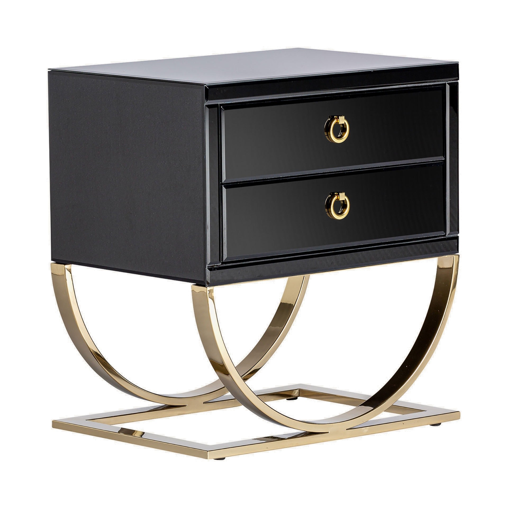 Estila Art-deco noční stolek Bynum v provedení černé sklo se dvěma šuplíky a kovovou zaoblenou podstavou ve zlaté barvě 60cm