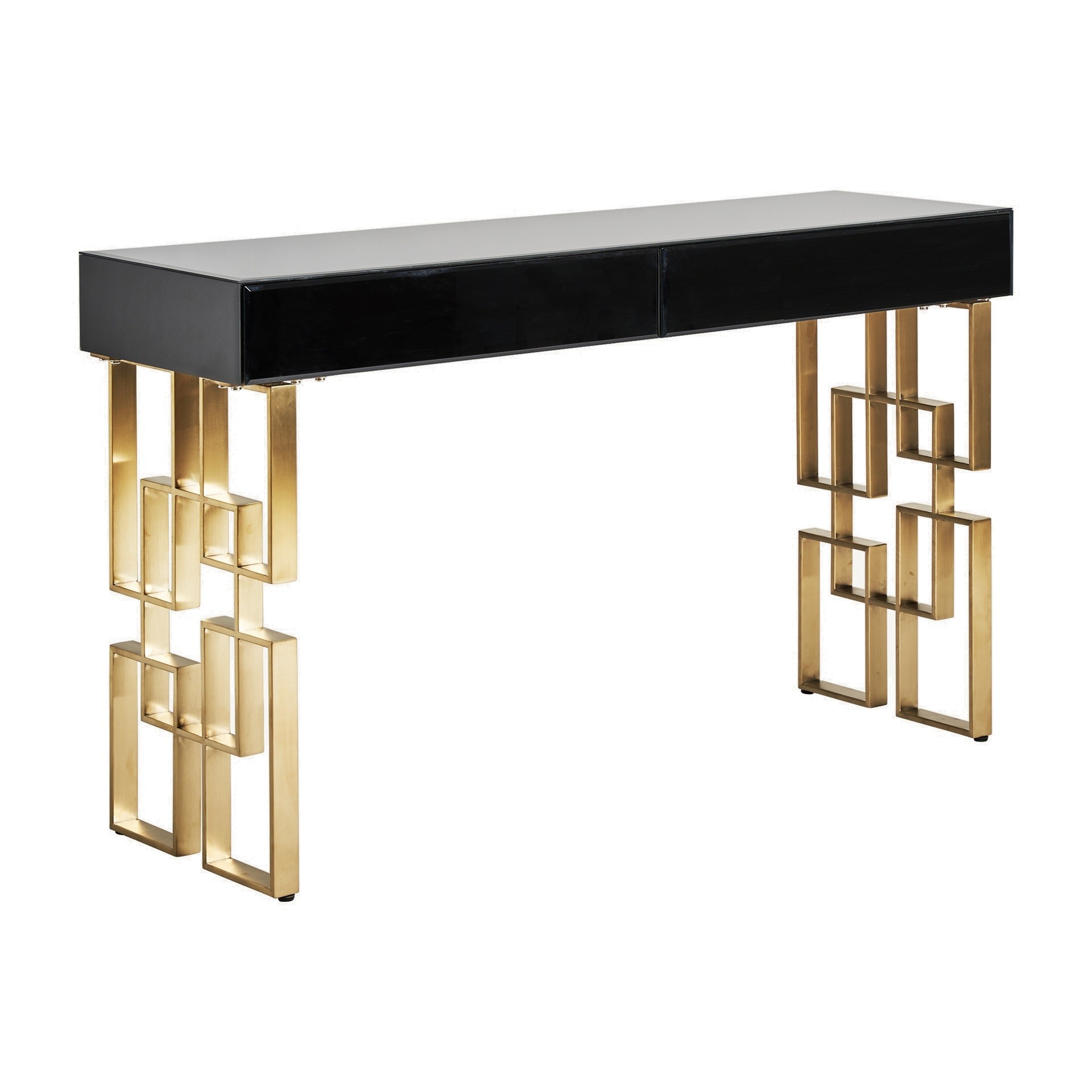 Estila Art-deco konzolový stolek Gasol v černém zrcadlovém provedení se dvěma šuplíky a designovými nožičkami ve zlaté barvě 140cm