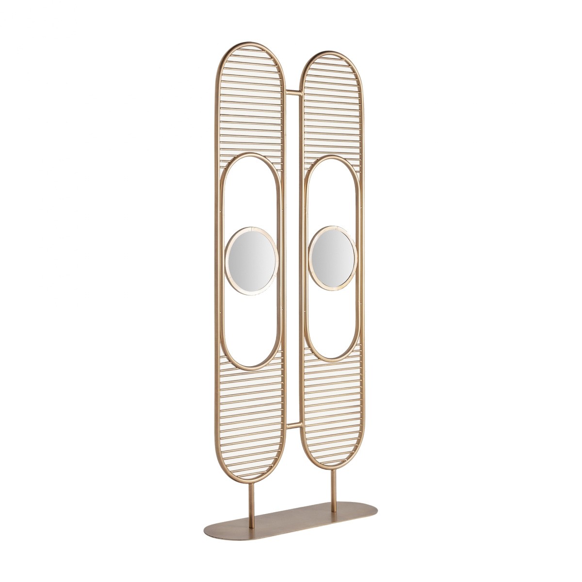 Estila Art deco designový paravan Adria z kovu zlaté barvy a dvěma kruhovými zrcadlovými plochami 220cm