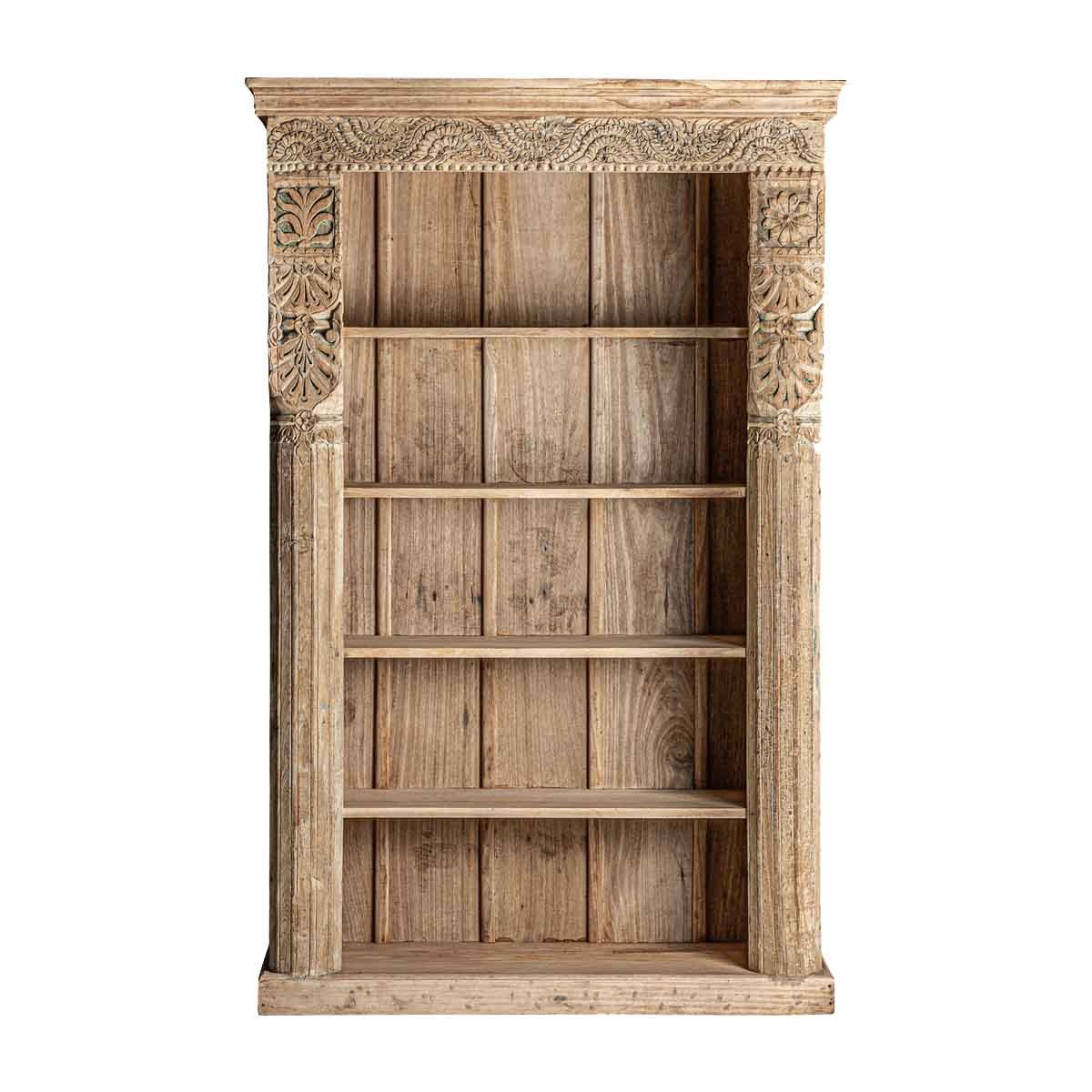 Estila Etno dřevěná knihovna Maleesa přírodní hnědé barvy s pěti poličkami a ornamentálním vyřezáváním 195cm