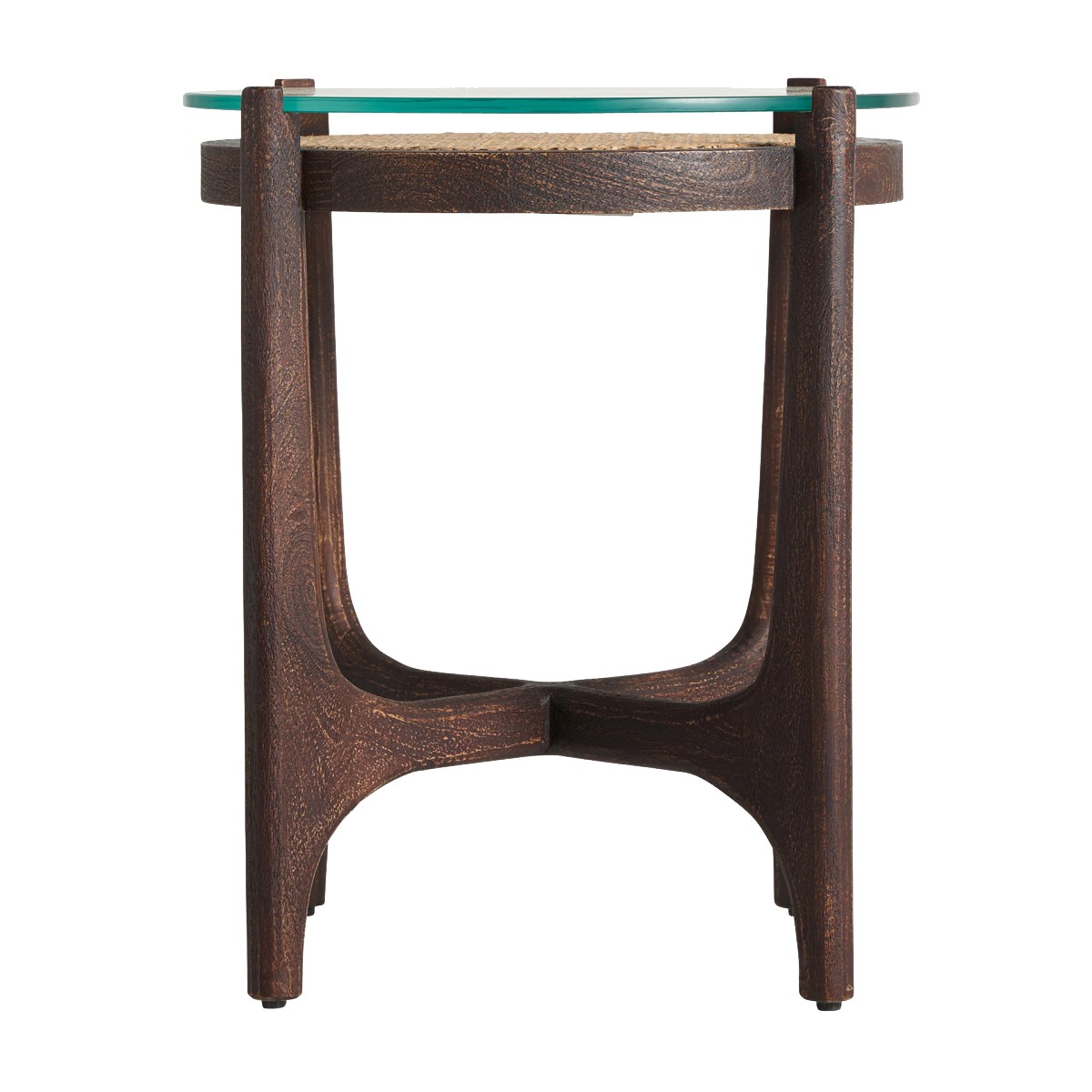 Levně Estila Moderní kulatý příruční stolek Nossen z mangového dřeva, skla a ratanu v hnědé barvě 56cm