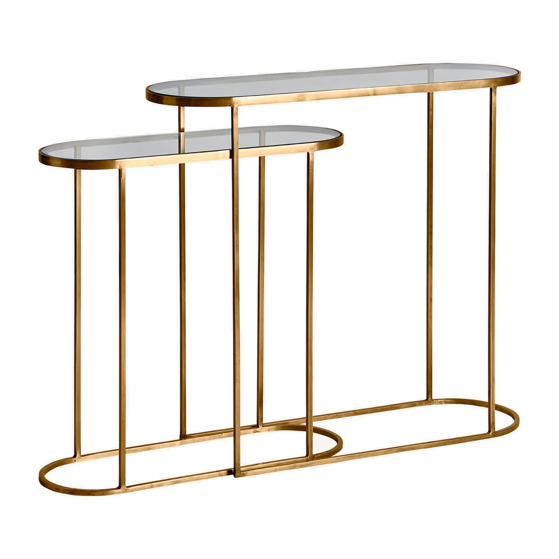 Estila Art-deco set oválných konzolových stolků Amuny se skleněnou deskou a kovovou konstrukcí ve zlaté barvě 91cm