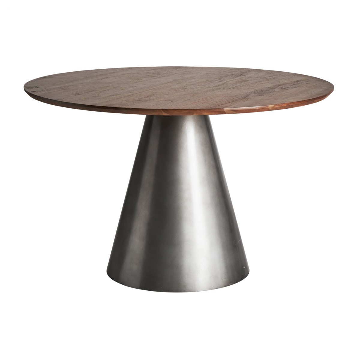 Estila Moderní kulatý jídelní stůl Seipur se stříbrnou kovovou podstavou a masivní hnědou vrchní deskou 120cm