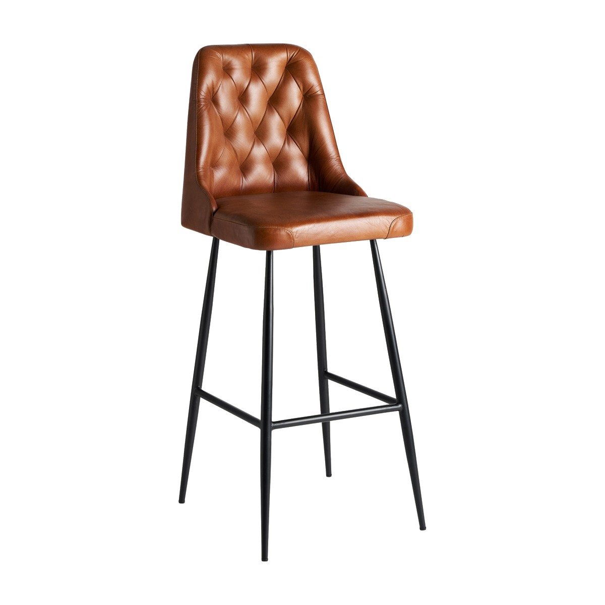 Levně Estila Luxusní kožená barová židle Kingsley ve vintage stylu s hnědým potahem a černýma nohama z kovu 108cm