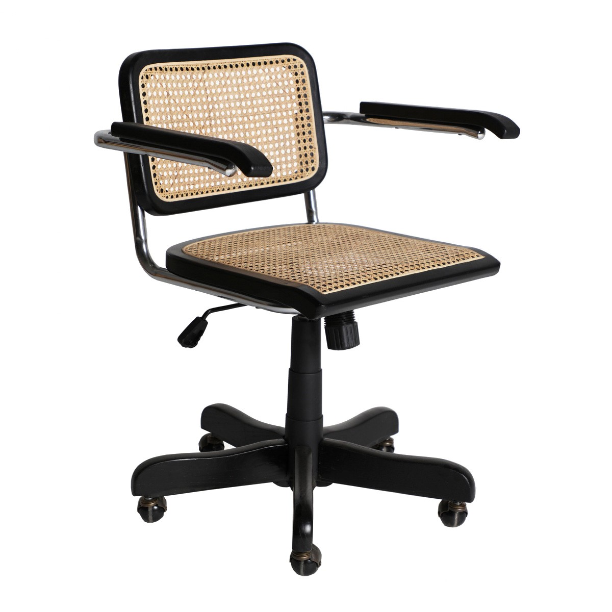 Estila Stylová industriální otočná kancelářská židle Moher s černou konstrukcí a hnědým ratanovým výpletem na kolečkách 73cm
