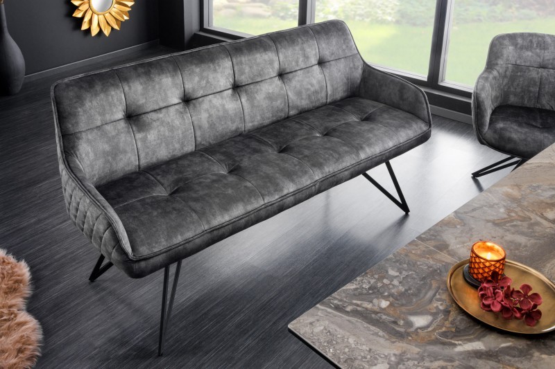 Levně Estila Designová lavice Dunelon s tmavě šedým sametovým potahem a černýma nohama z kovu 160cm