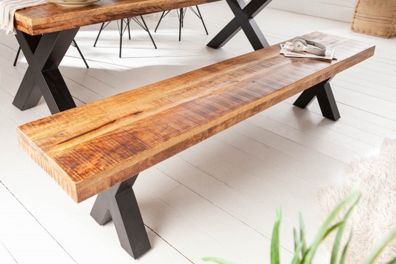 Levně Estila Industriální moderní lavice Steele Craft z masivního mangového dřeva hnědé barvy as černýma zkříženýma nohama 160cm