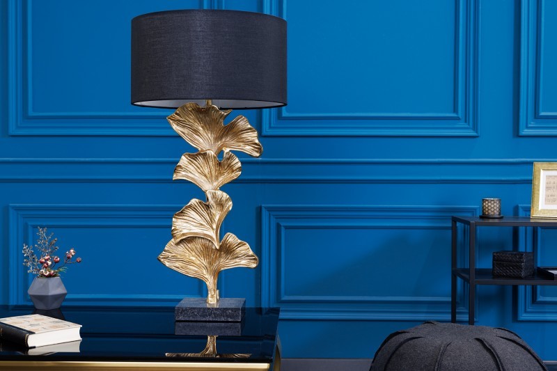 Levně Estila Glamour art deco stolní lampa Ginko zlaté barvy s černým kulatým stínítkem 70cm