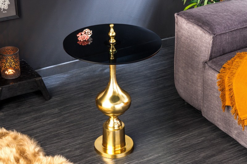 Estila Luxusní art deco příruční stolek Marietta se zlatou ozdobnou podstavou a černou kulatou vrchní deskou 65cm