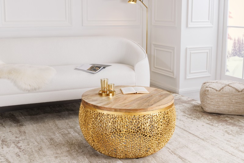 Levně Estila Art deco konferenční stolek Hoja kulatého tvaru s hnědou vrchní dřevěnou deskou a zlatou podstavou 80cm