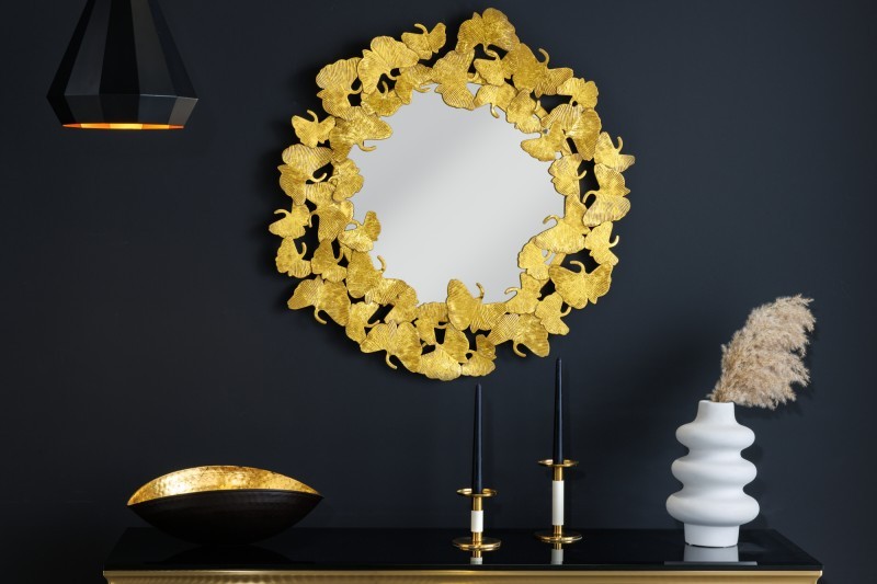 Estila Glamour kulaté nástěnné zrcadlo Ginko ve zlatém provedení s ozdobným kovovým rámem z listů jinanu 70cm