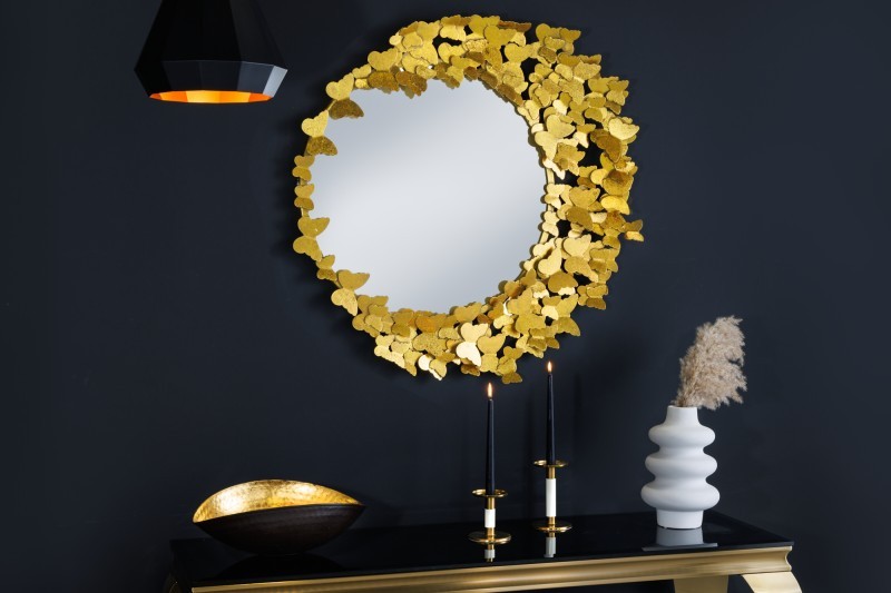 Levně Estila Designové glamour nástěnné zrcadlo Butterfly s kulatým kovovým rámem zlaté barvy s motýlím zdobením 80cm