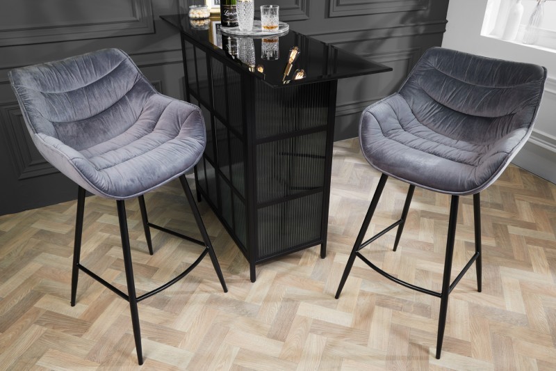 Levně Estila Designová barová židle Kotor s šedým sametovým potahem a černýma nohama z kovu 105cm