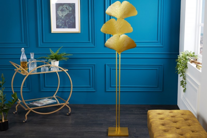 Levně Estila Designová glamour stojací lampa Ginko zlaté barvy z kovu s ozdobnými listy jinanu 160cm