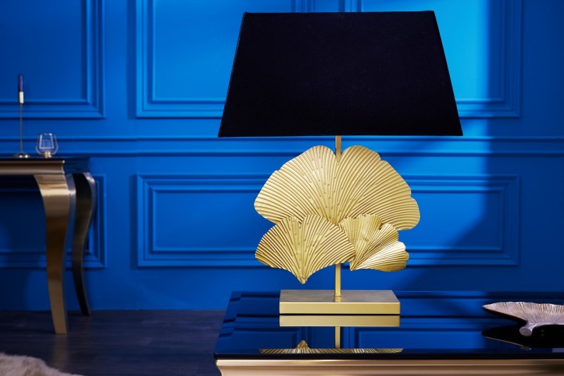 Estila Designová glamour stolní lampa Ginko se zlatou kovovou podstavou a kulatým černým stínítkem 60cm