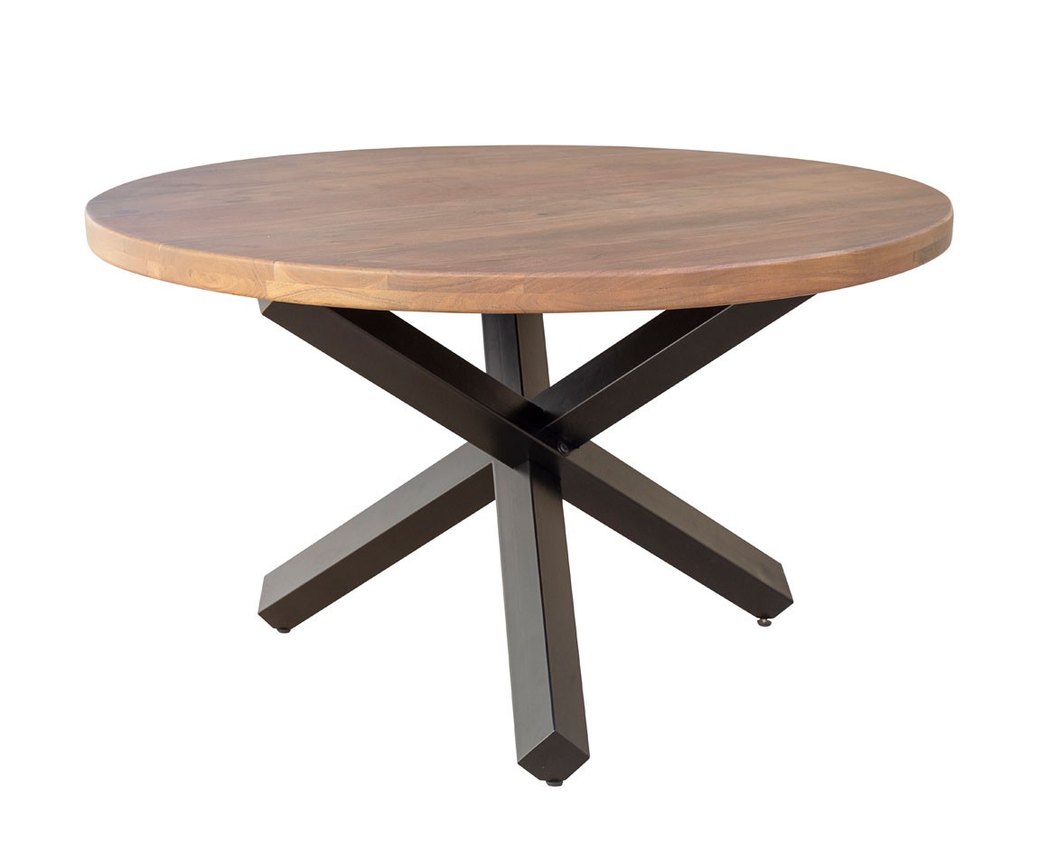 Estila Industriální kulatý jídelní stůl Delia z hnědého akáciového dřeva s černýma kovovými nohami 130cm