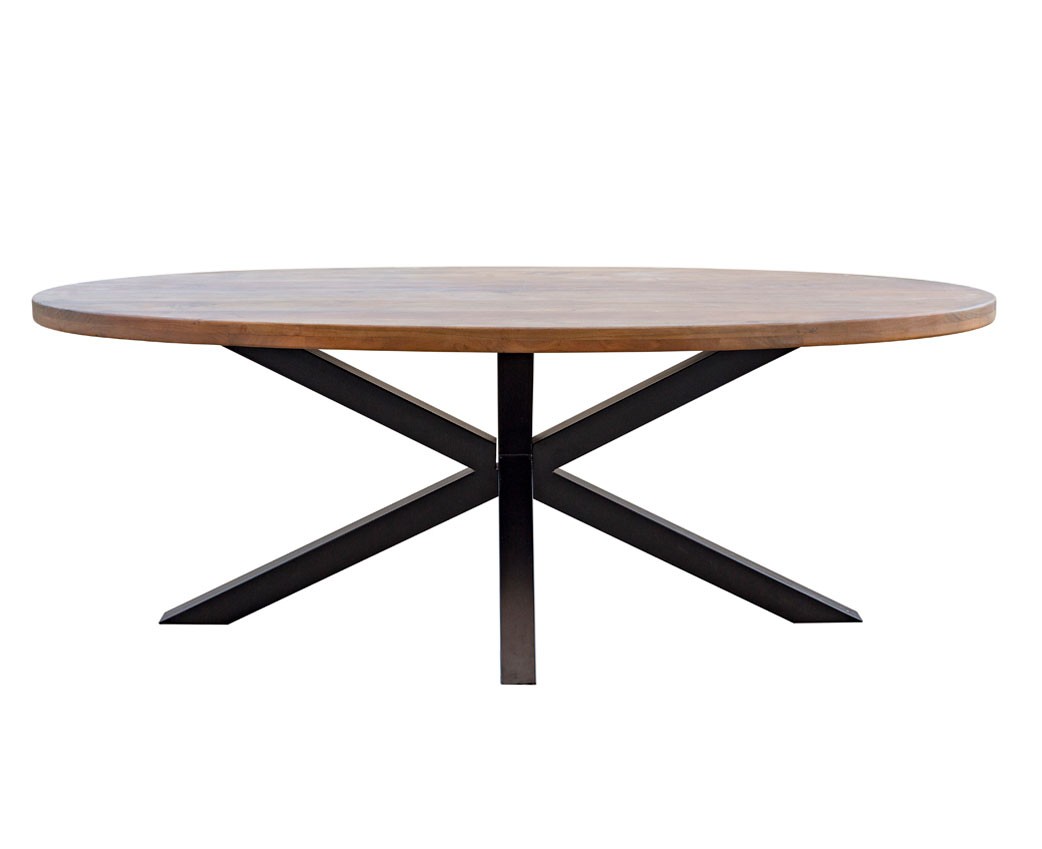 Levně Estila Industriální oválný jídelní stůl Delia z akáciového dřeva hnědé barvy as černýma zkříženýma nohama z kovu 210cm