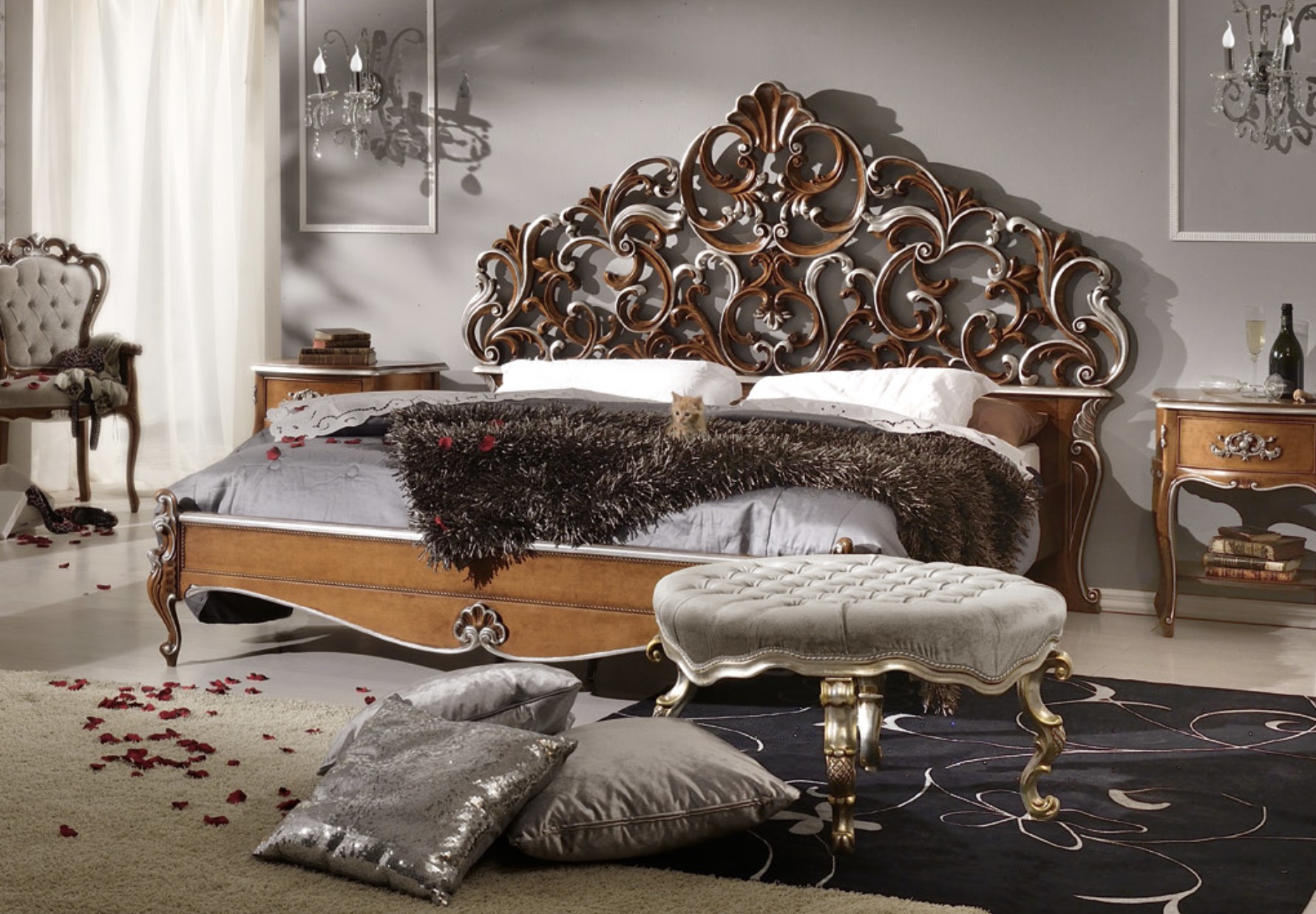 Levně Estila Rustikální masivní manželská postel Belladonna s ornamentálním vyřezávaným čelem 180x200cm