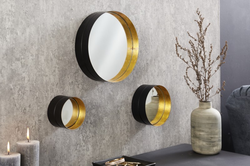 Estila Art deco sada tří kulatých závěsných zrcadel Marill s černě zlatými kovovými rámy 25cm