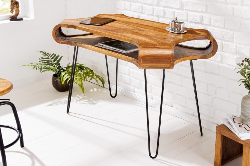 Levně Estila Industriální kancelářský stolek Spin z masivního dřeva sheesham s černýma kovovými nohama 120cm