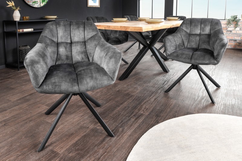 Levně Estila Designová otočná jídelní židle Mariposa s tmavě šedým sametovým čalouněním a černýma nohama 83cm