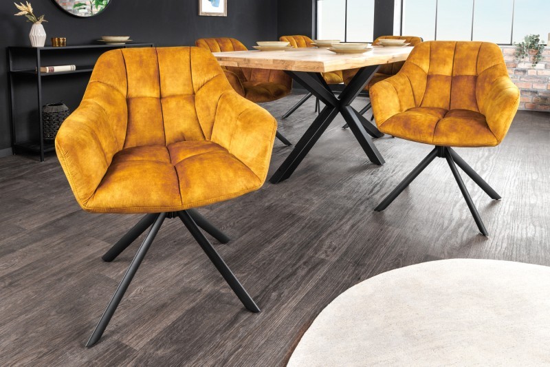 Estila Dizajnová otočná jedálenská stolička Mariposa s horčicovožltým čalúnením a čiernymi nohami z kovu 83cm