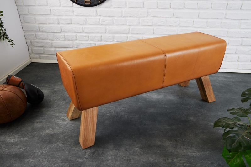Levně Estila Designová lavice Sodor z pravé kůže v koňakové hnědé barvě s dřevěnýma nohama 100cm