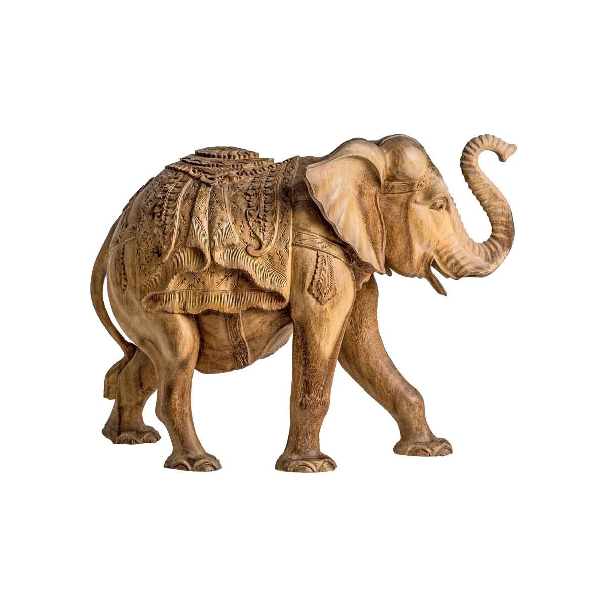 Estila Etno vyřezávaná soška slona Simeon z tropického masivu přírodní hnědé barvy s vyřezávaným zdobením 66cm