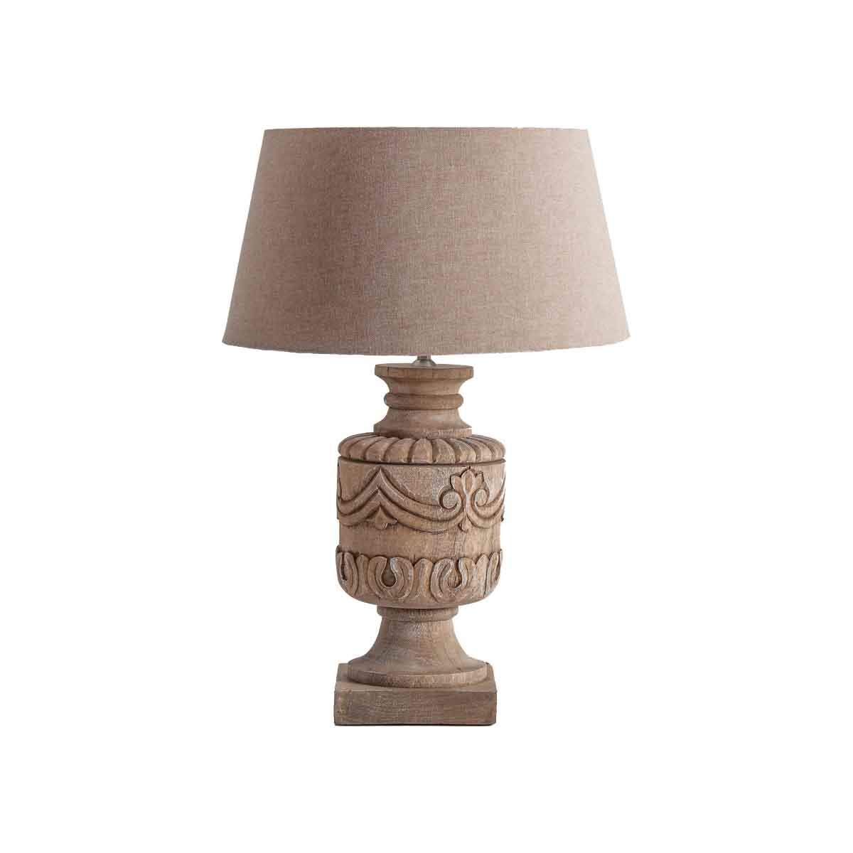 Estila Provence stolní lampa Lance s vyřezávanou podstavou z masivního mangového dřeva a béžovým bavlněným stínítkem 62cm
