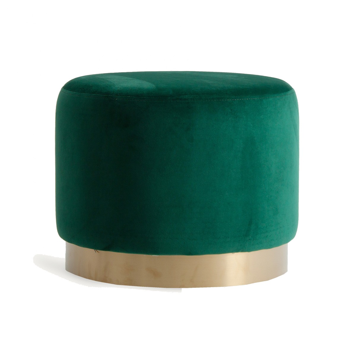 Estila Art deco designová kulatá taburetka Saanvi se smaragdově zeleným sametovým potahem a dřevěnou podstavou 51cm