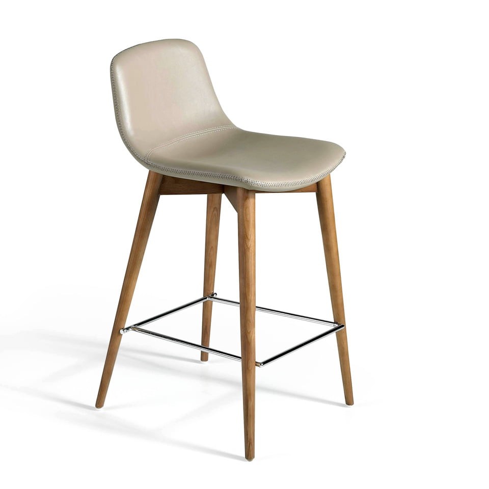 Levně Estila Luxusní taupe šedá kožená barová židle Forma Moderna z masivu 93cm