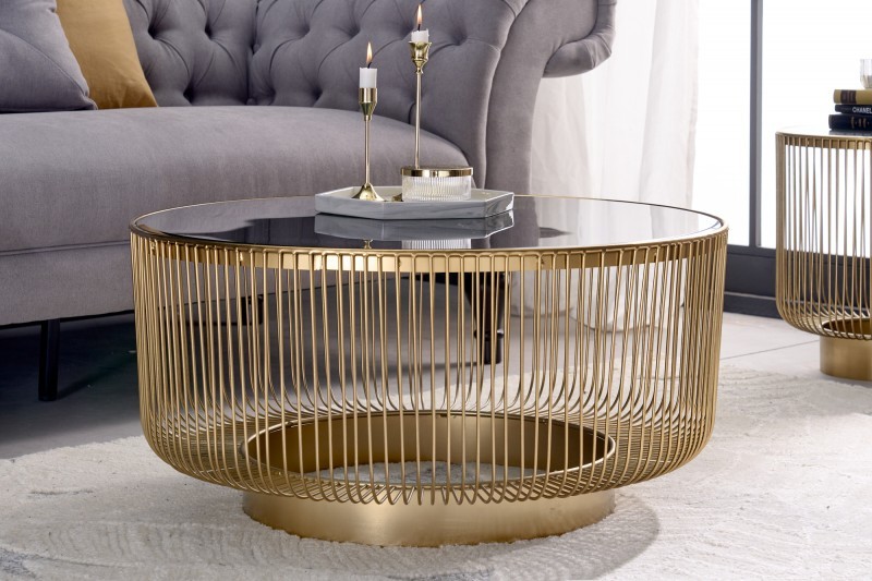 Levně Estila Art deco kulatý konferenční stolek Esme se zlatou kovovou konstrukcí a černou skleněnou deskou 80cm