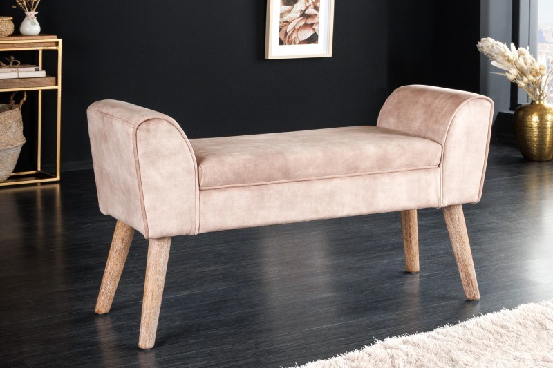 Levně Estila Designová elegantní lavice Karen se sametovým béžovým potahem a dřevěnými nožičkami 90cm