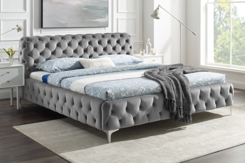 Levně Estila Chesterfield čalouněná manželská postel Modern Barock s šedým sametovým potahem 160x200
