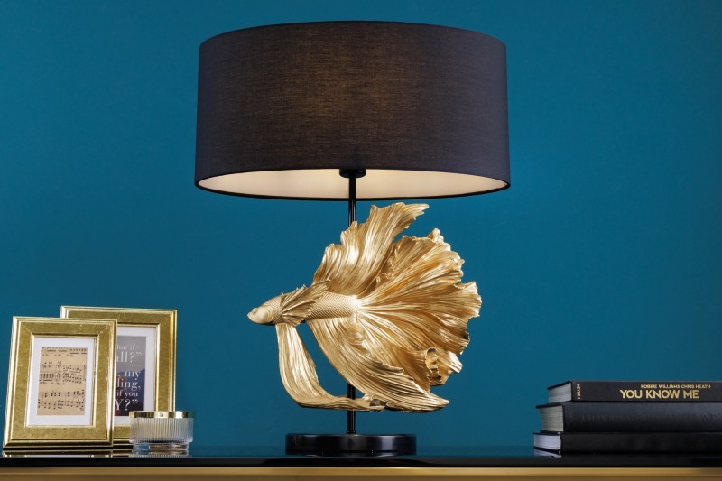 Levně Estila Designová art deco stolní lampa Sidoria se zlatou podstavou ve tvaru ryby a černým stínítkem 65cm