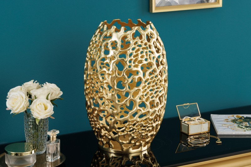 Levně Estila Art deco kovová váza Hoja ve zlatém provedení 40cm