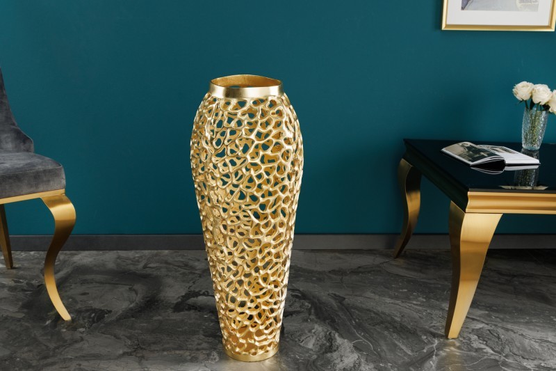 Levně Estila Designová váza Hoja v art deco stylu s kovovou konstrukcí zlaté barvy 65cm